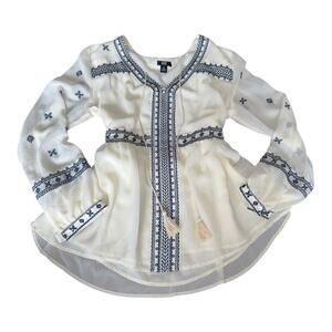 Boho Chic Small Navy Embroidered Peasant Top Flowy Chiffon Sheer Long Sl…​